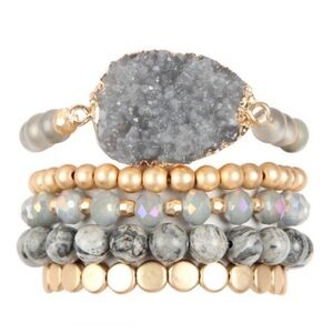 🆕Druzy Natural Stone Elegant Gray and Gold Beaded Bracelet 5pce Set